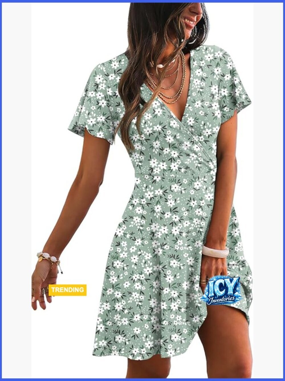 Wrap V-Neck A-Line Ruffle Sleeve Summer Sundress Casual Dress